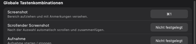 Globale Tastenkürzel und Kürzel im Screenshot-Modus