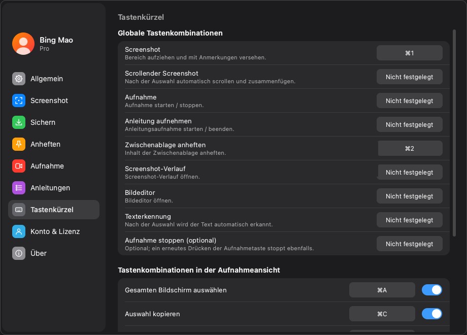 Die Liste der globalen Tastenkürzel