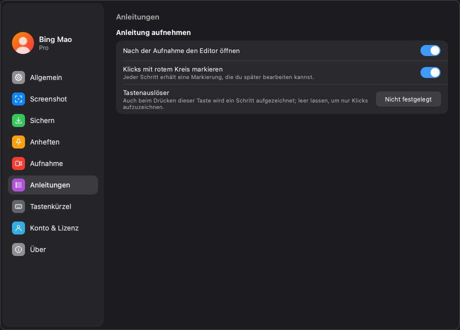 Standardwerte für Anleitungsaufnahmen