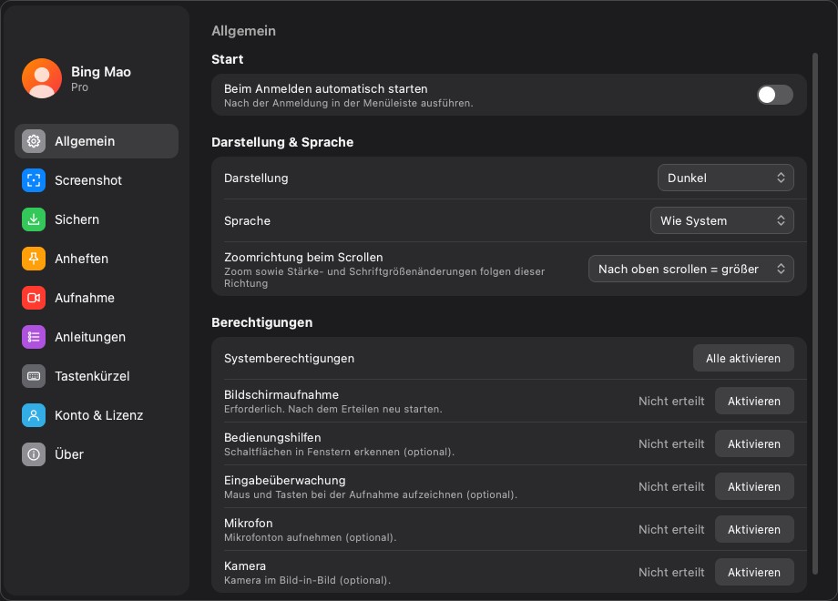 Der Abschnitt mit den Berechtigungen