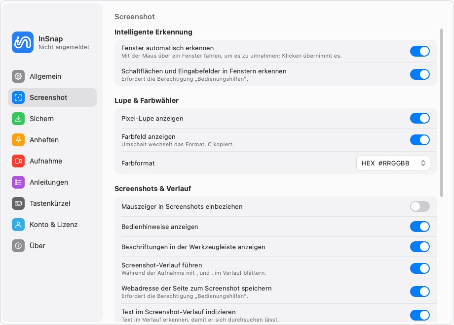 Einstellungen für die Aufnahme: Mauszeiger, Bedienhinweise und Verlauf
