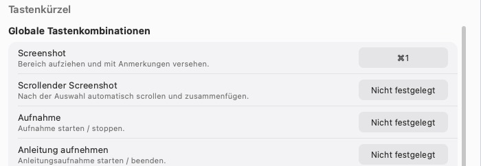 Wo die globalen Tastenkürzel für Screenshot und Anheften eingestellt werden