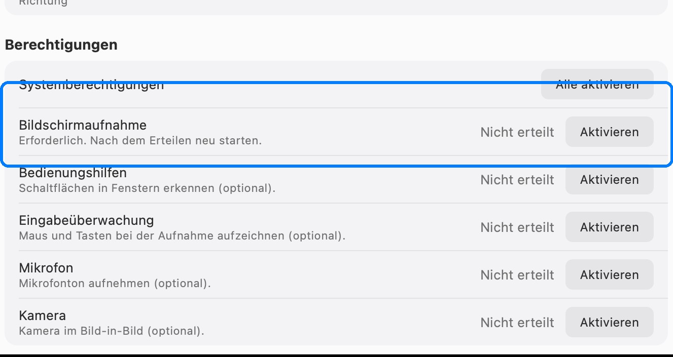Berechtigungseinstellungen für die Bildschirmaufnahme