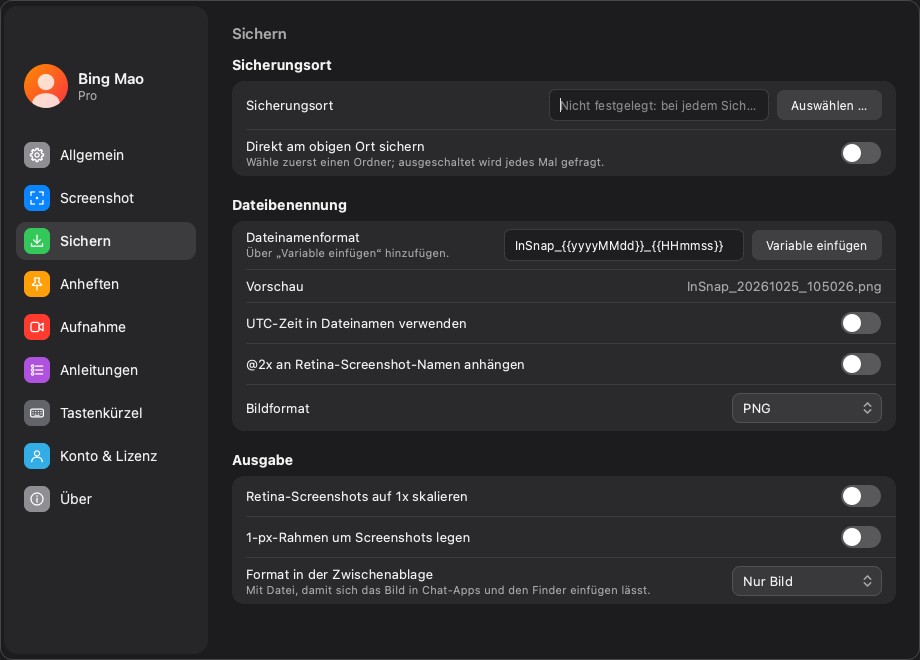Die Seite „Sichern“ in den Einstellungen