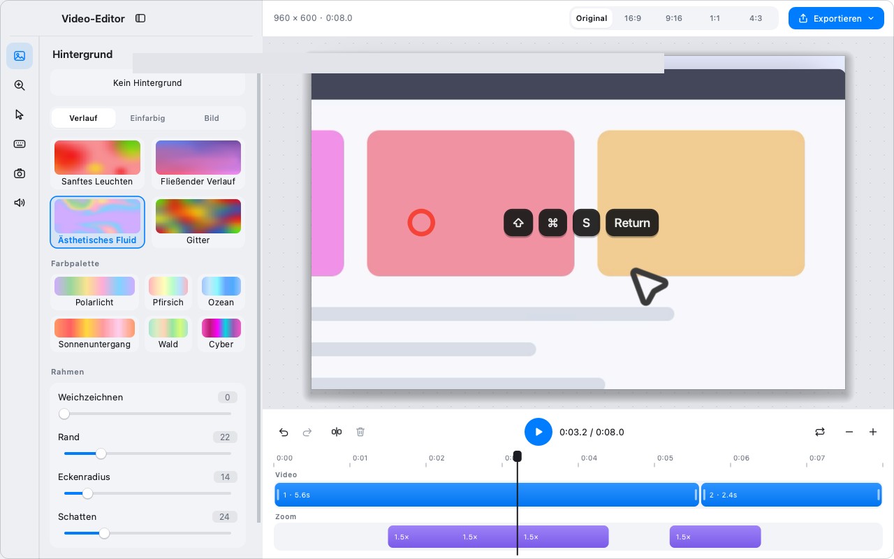 Der Videoeditor mit gewähltem Leinwand-Seitenverhältnis