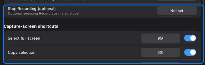 The capture-screen shortcut section