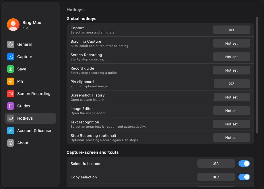 The global hotkey list