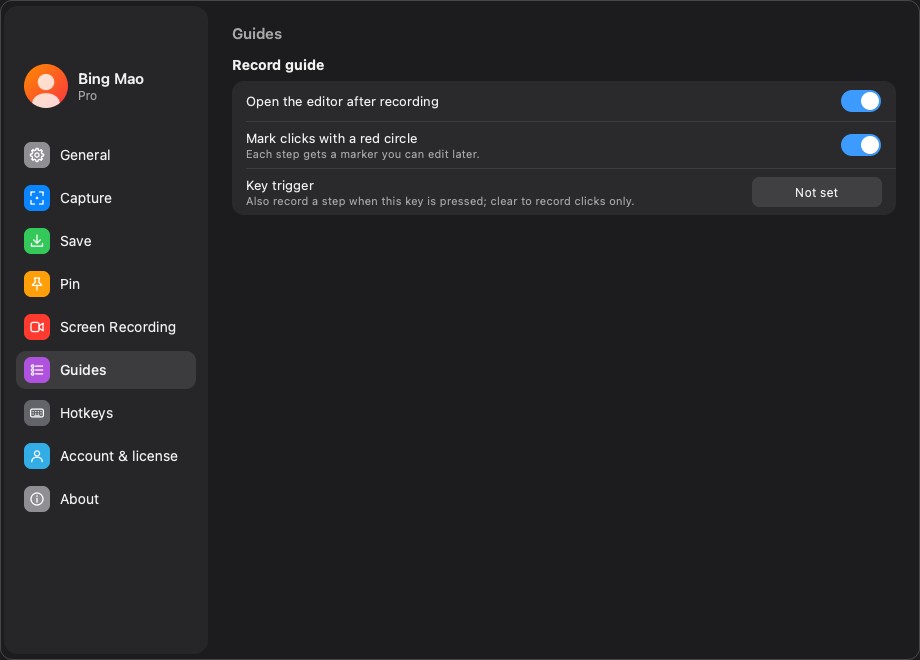 Guide recording defaults