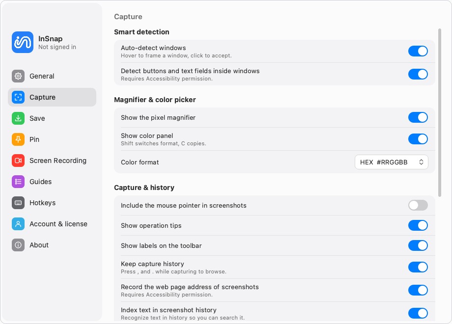 Capture settings: pointer, operation tips and history