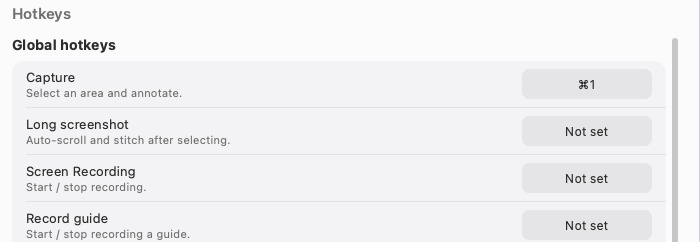 Where the global capture and pin hotkeys are set