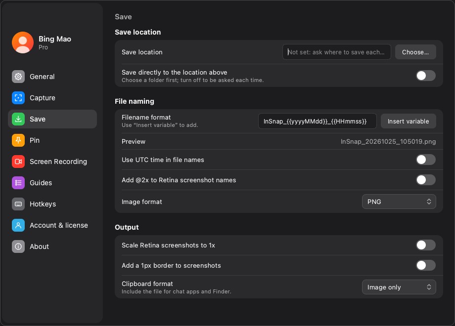 The Save settings page