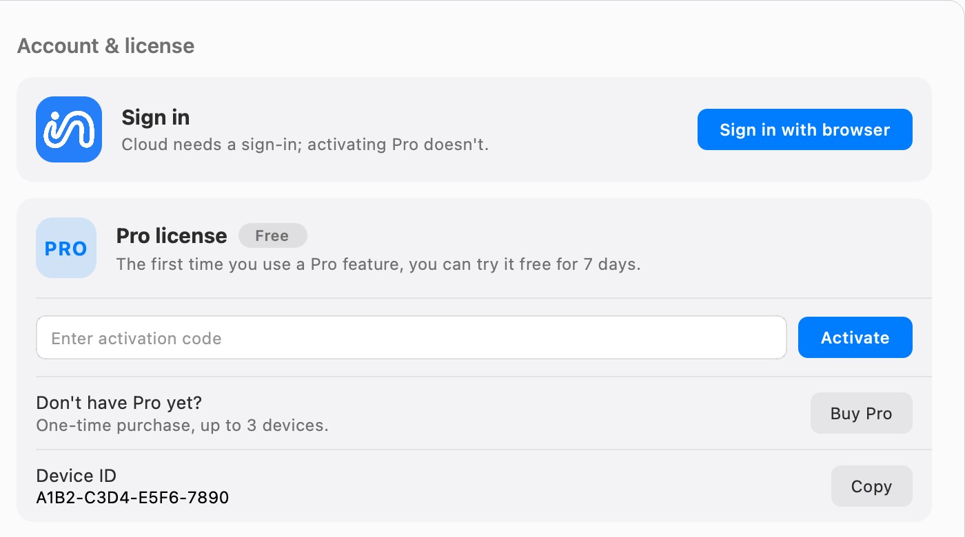 The Account page in InSnap Settings