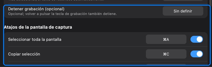 La sección de atajos de la pantalla de captura