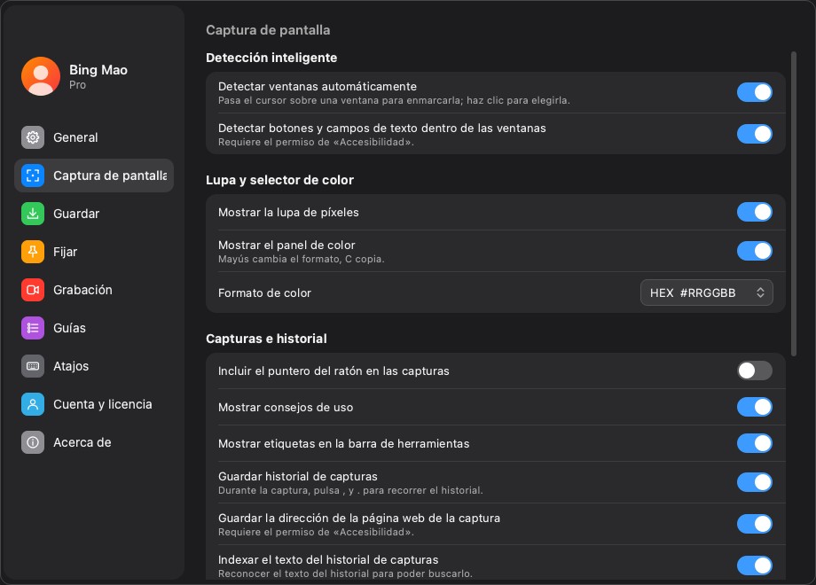 La página de ajustes de captura