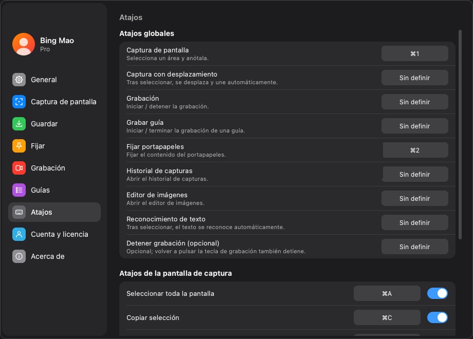 La lista de atajos globales
