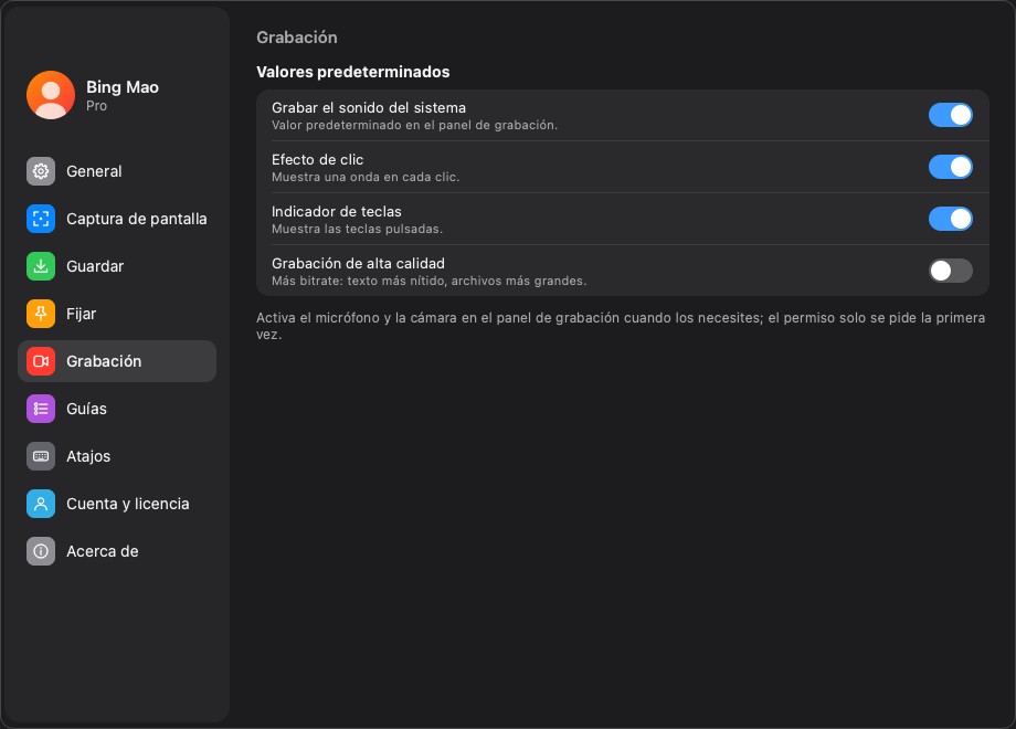 Valores predeterminados de grabación