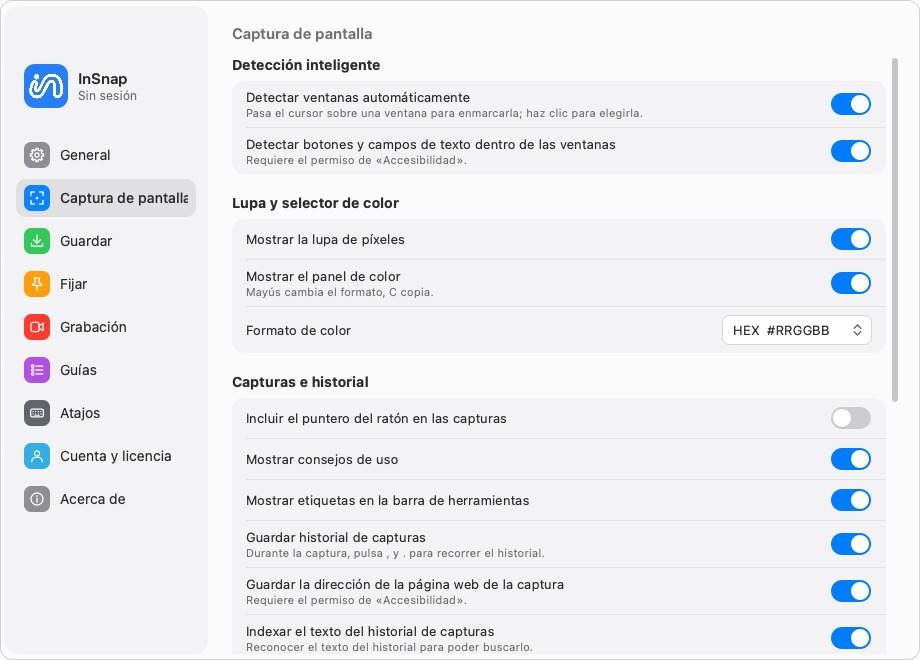 Ajustes de captura: puntero, consejos de operación e historial