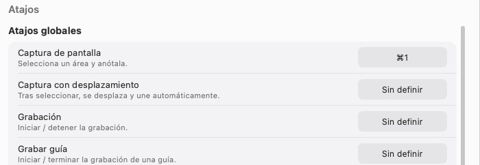 Dónde se configuran los atajos globales de captura y de fijar