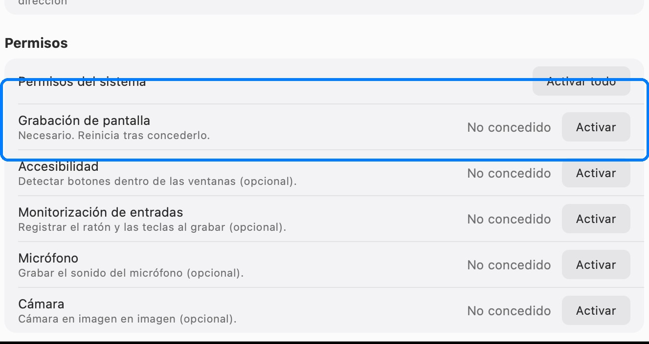 Ajustes de permisos para capturar pantalla