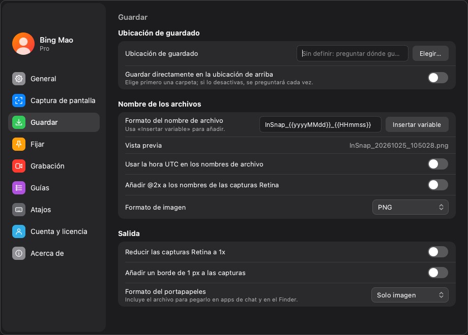 La página de ajustes Guardar