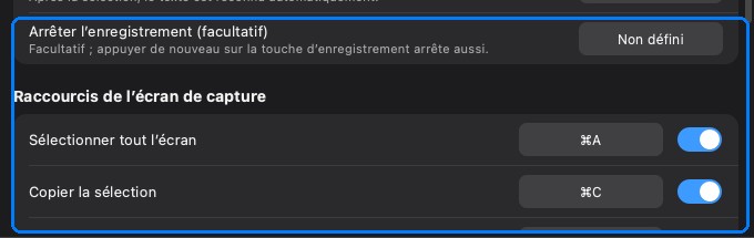 La section des raccourcis de l’écran de capture