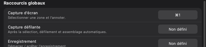Raccourcis globaux et raccourcis de l’écran de capture