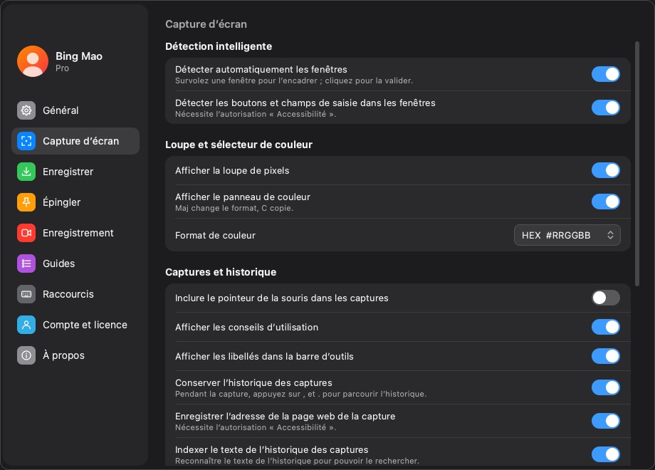 La page des réglages de capture