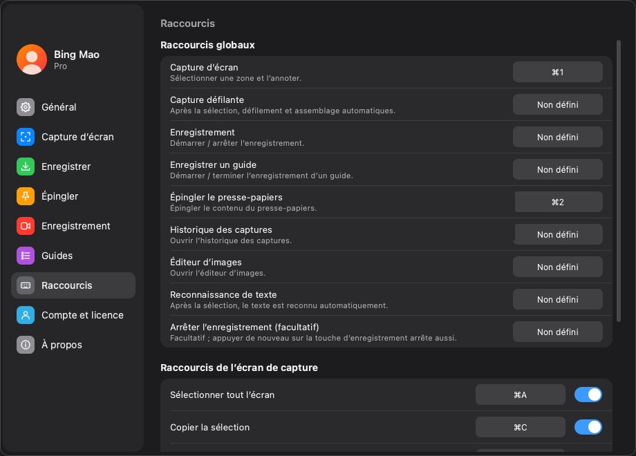La liste des raccourcis globaux
