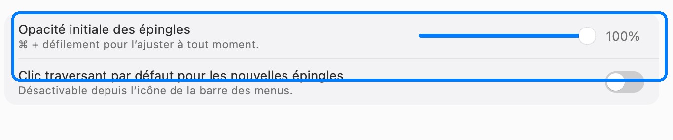 Les réglages d’épinglage dans InSnap