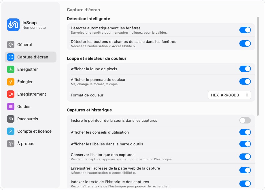 Réglages de capture : pointeur, conseils d’utilisation et historique