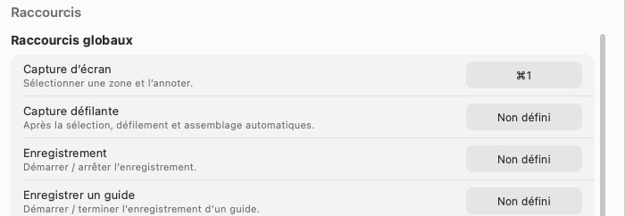 Où se règlent les raccourcis globaux de capture et d’épinglage