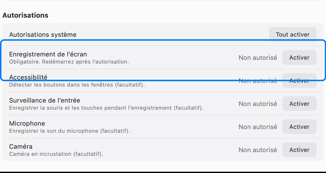 Réglages d’autorisation pour la capture d’écran