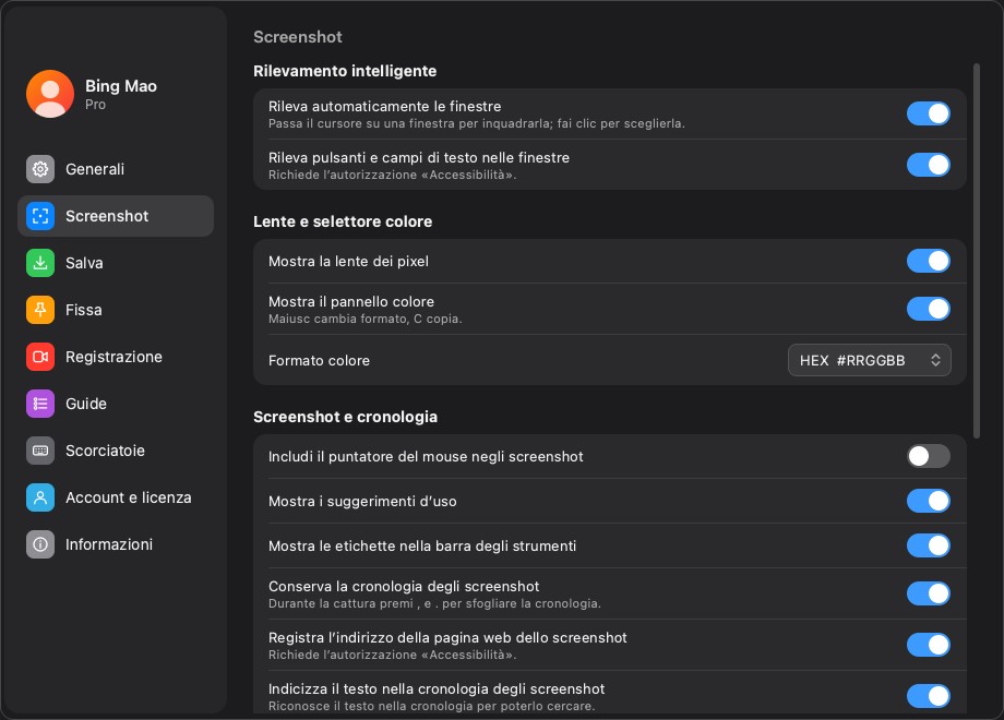La pagina delle impostazioni di cattura