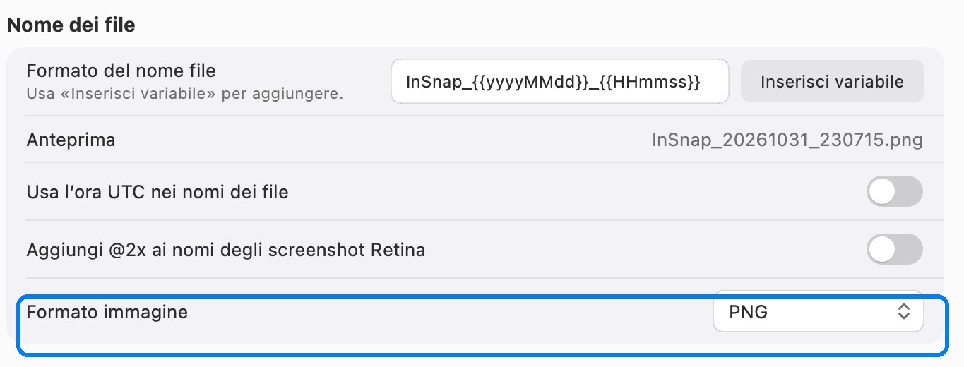 Salvare uno screenshot come PNG in InSnap