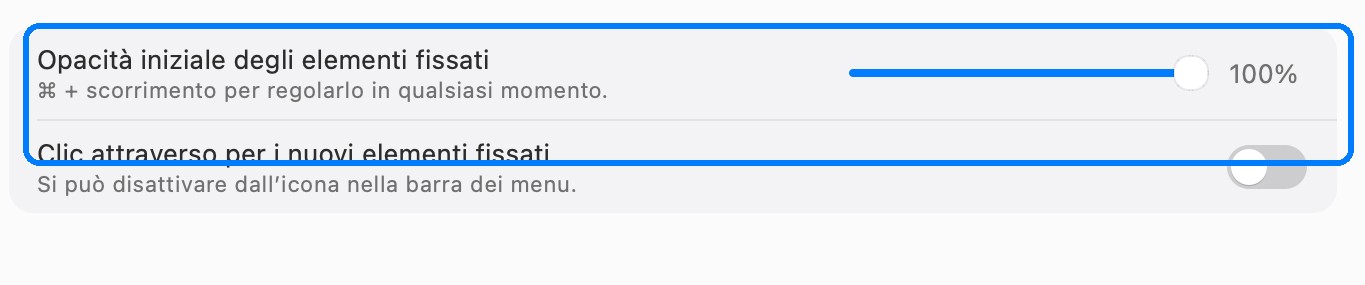 Impostazioni di Fissa in InSnap