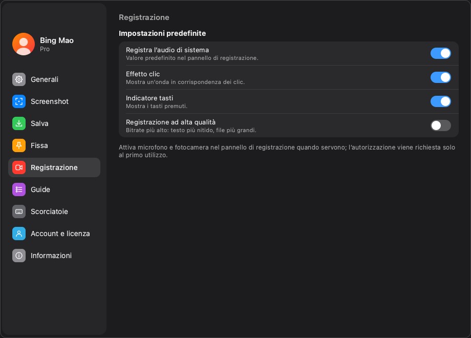 Valori predefiniti della registrazione