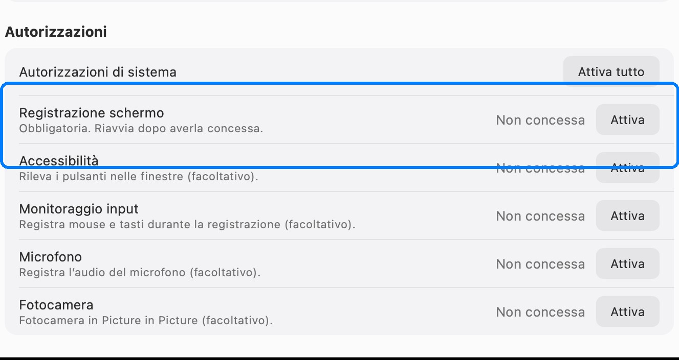 Impostazioni delle autorizzazioni per la cattura dello schermo