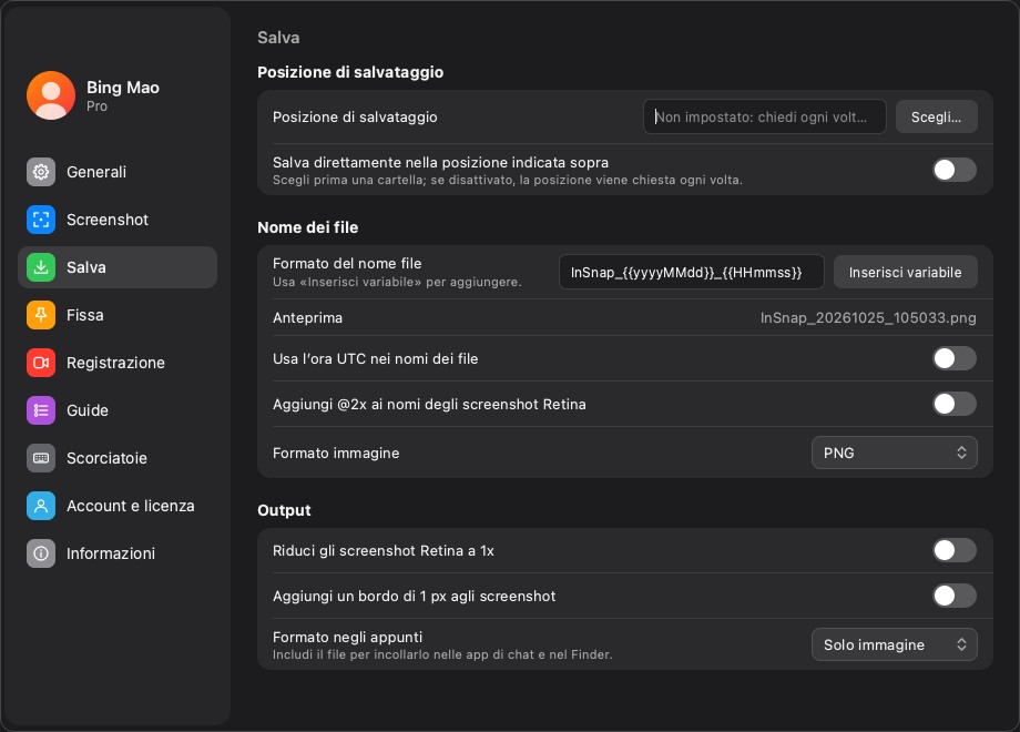 La pagina delle impostazioni Salva