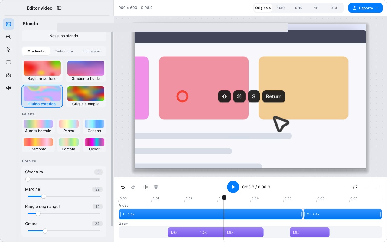L'editor video con un rapporto della tela selezionato