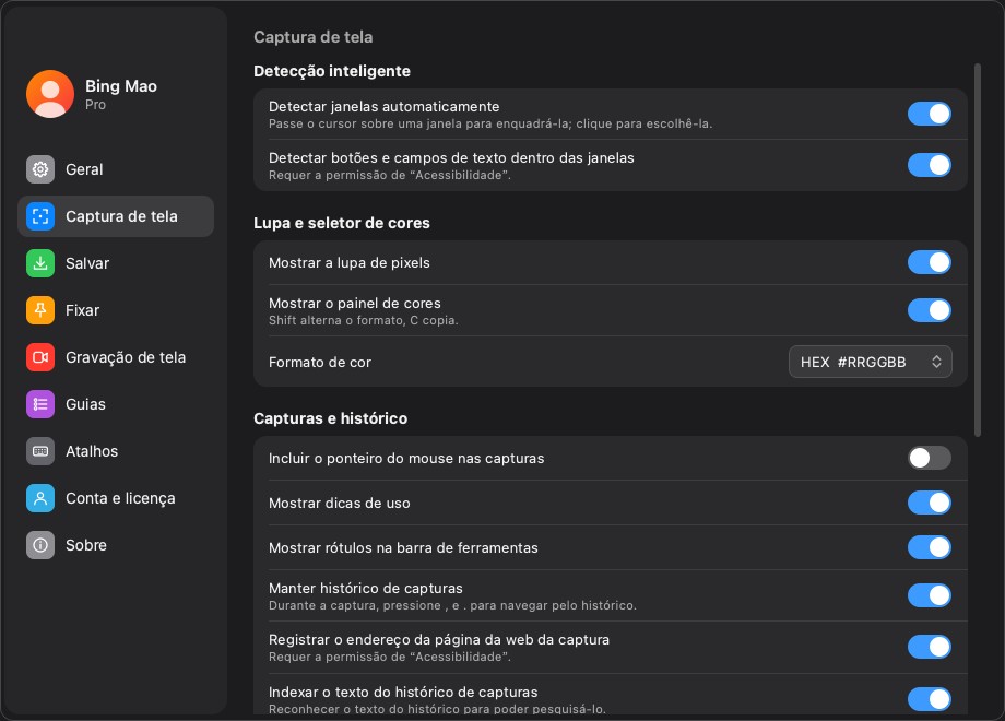 A página de ajustes de Captura