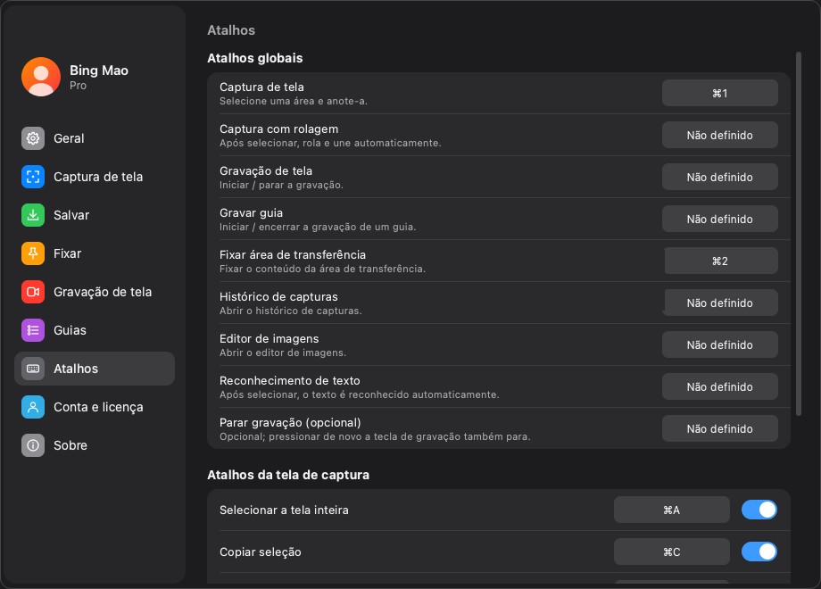 A lista de atalhos globais