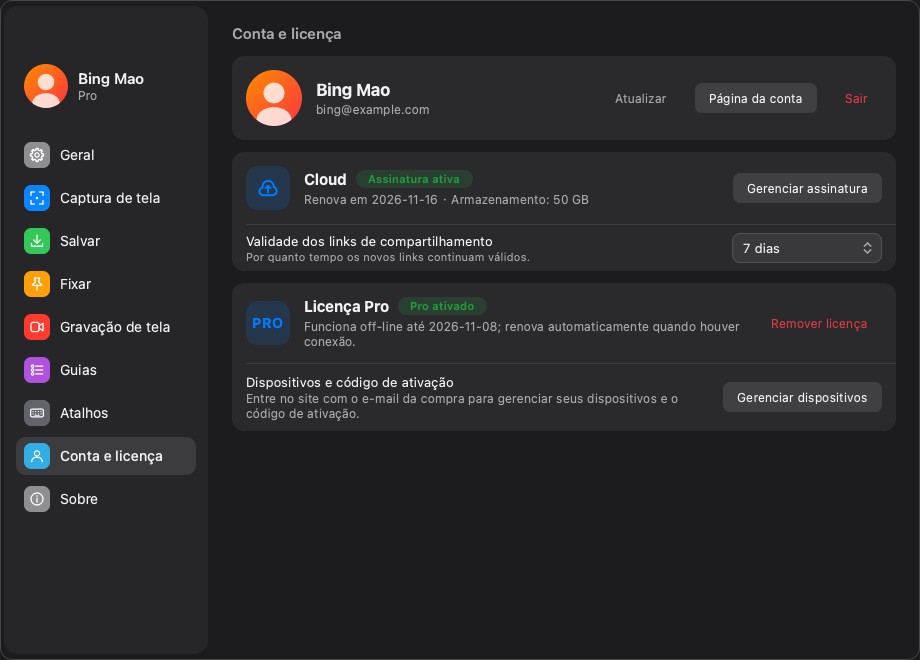 A página Conta e licença
