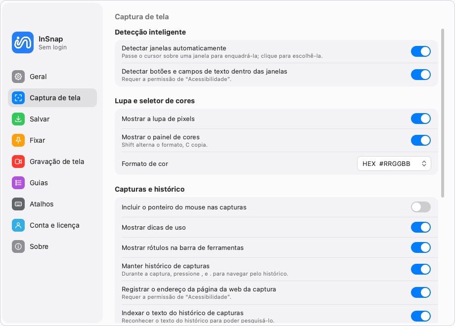 Ajustes de captura: ponteiro, dicas de operação e histórico
