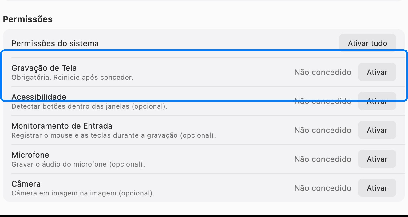 Ajustes de permissão para captura de tela