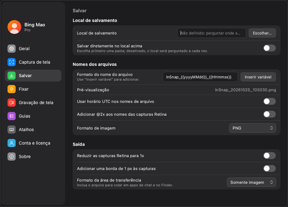 A página de ajustes Salvar