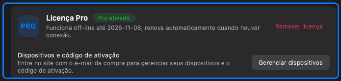 O cartão da licença Pro