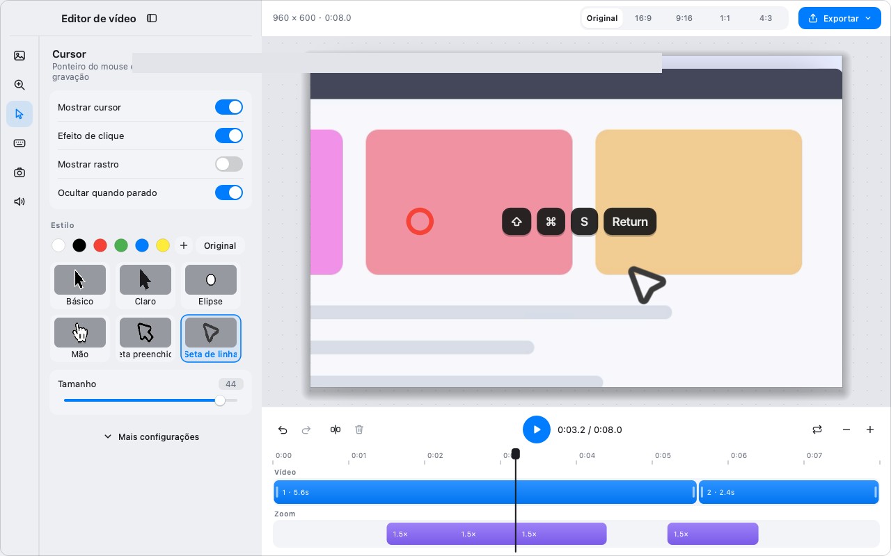 O editor com um estilo de cursor aplicado