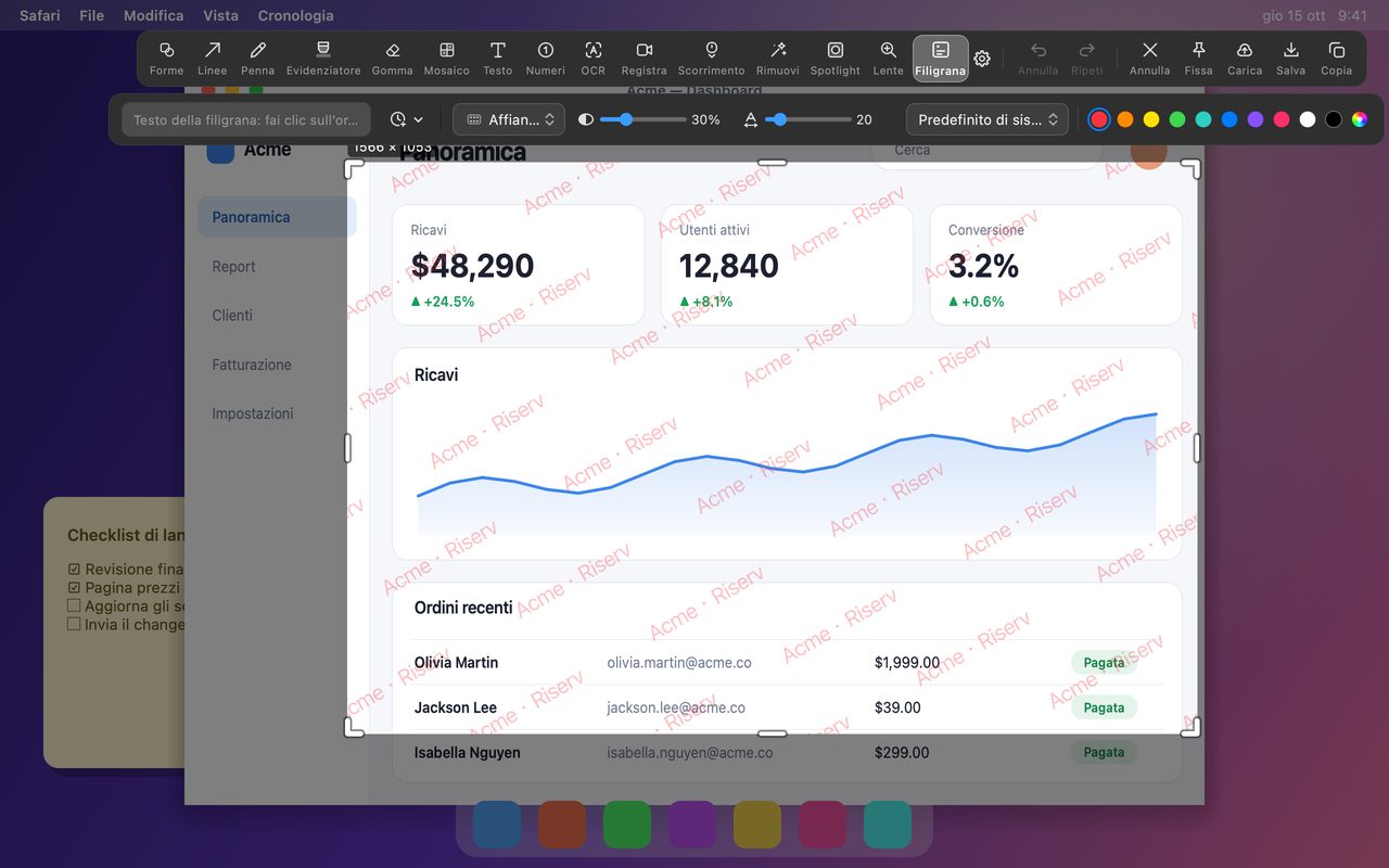 Filigrana affiancata su una dashboard