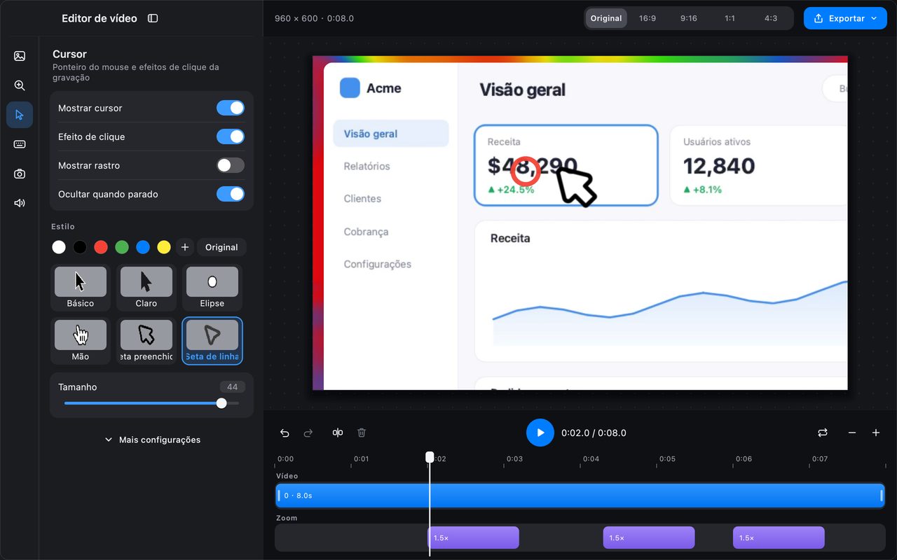 Cursor e efeitos de clique em uma gravação